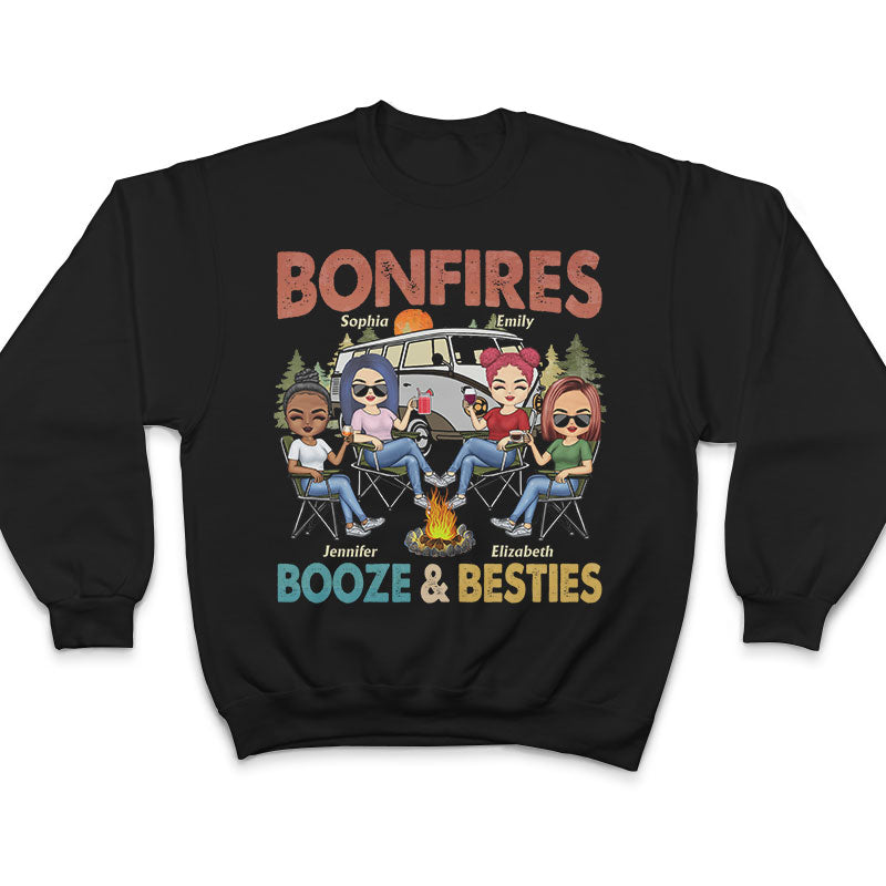 Bonfires Booze And Besties Retro - Gift For Camping Friends - Personalized Custom T Shirt