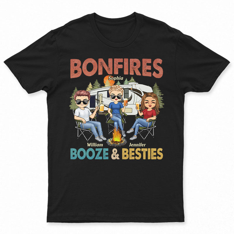 Bonfires Booze And Besties Retro - Gift For Camping Friends - Personalized Custom T Shirt
