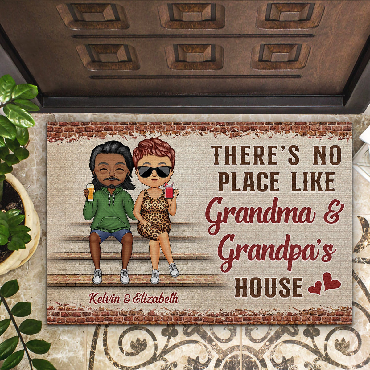 There's No Place Like Grandma And Grandpa's House Chibi Couple Grandparents - Family Gift - Personalized Custom Doormat