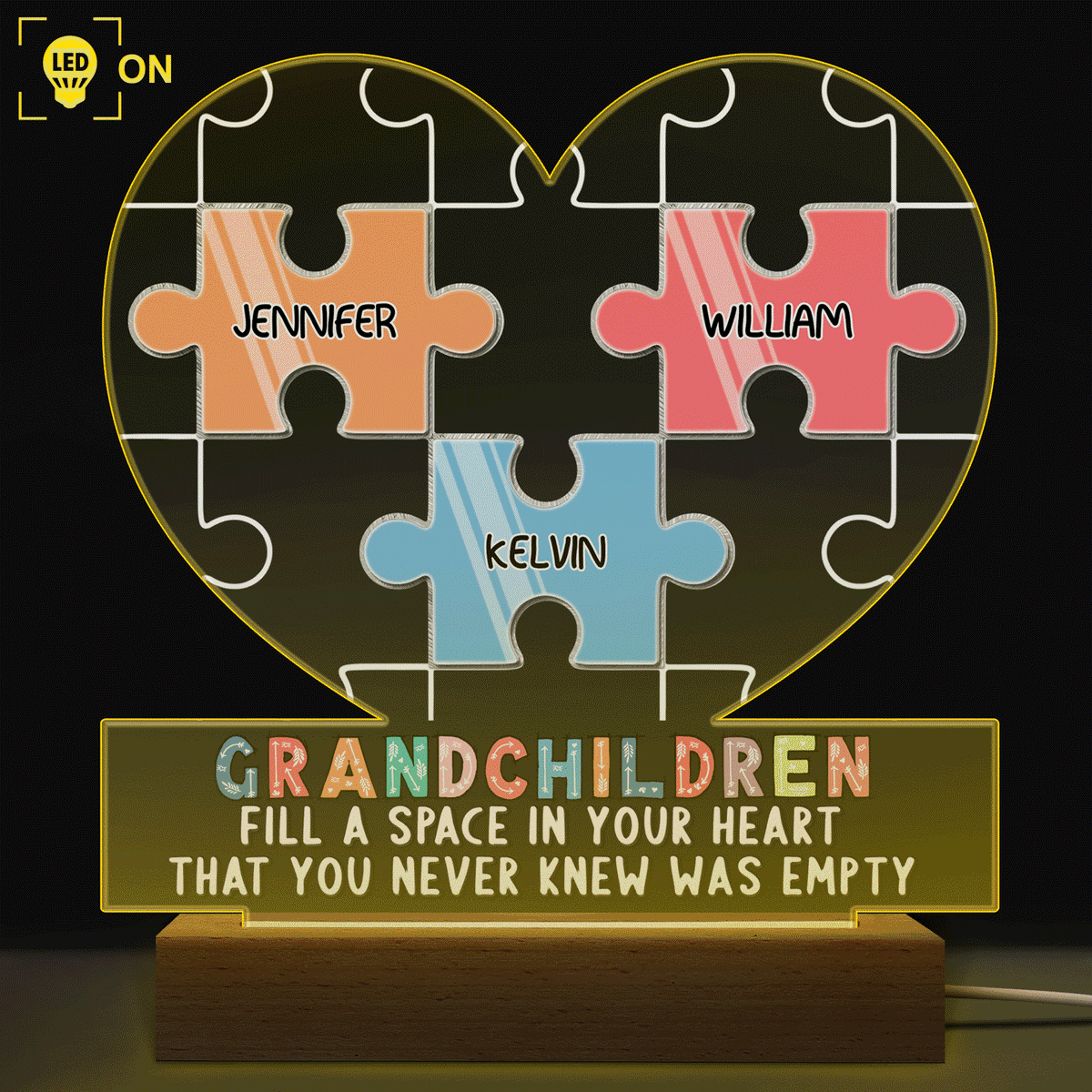 Grandchildren Fill A Space In Your Heart Puzzle - Birthday, Loving Gift For Mom, Mother, Mama, Grandma, Grandmother - Personalized Custom 3D Led Light Wooden Base