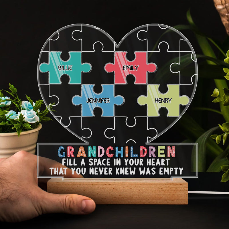 Grandchildren Fill A Space In Your Heart Puzzle - Birthday, Loving Gift For Mom, Mother, Mama, Grandma, Grandmother - Personalized Custom 3D Led Light Wooden Base