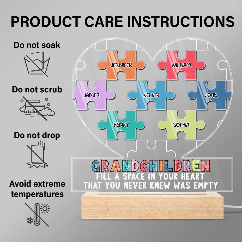 Grandchildren Fill A Space In Your Heart Puzzle - Birthday, Loving Gift For Mom, Mother, Mama, Grandma, Grandmother - Personalized Custom 3D Led Light Wooden Base