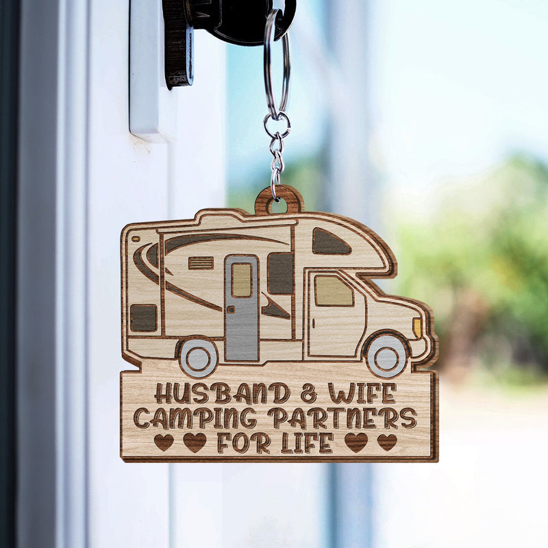 Keys To The Camper Vintage Trailer - Funny, Loving Gifts For Couples, Husband, Wife, Camping Lovers - Personalized Wooden Keychain