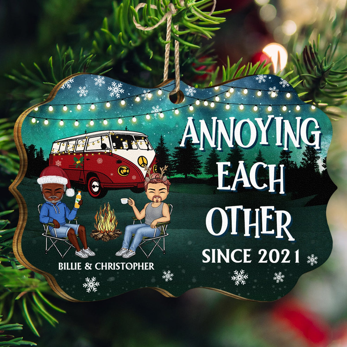 Happy Campers Since - Christmas Gift For Couples, Camping Lovers - Personalized Medallion Wooden Ornament