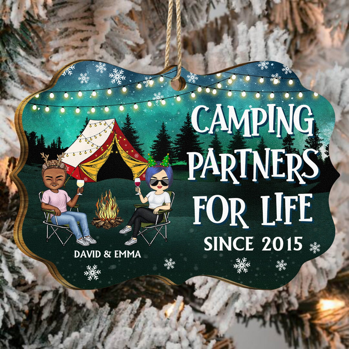 Happy Campers Since - Christmas Gift For Couples, Camping Lovers - Personalized Medallion Wooden Ornament