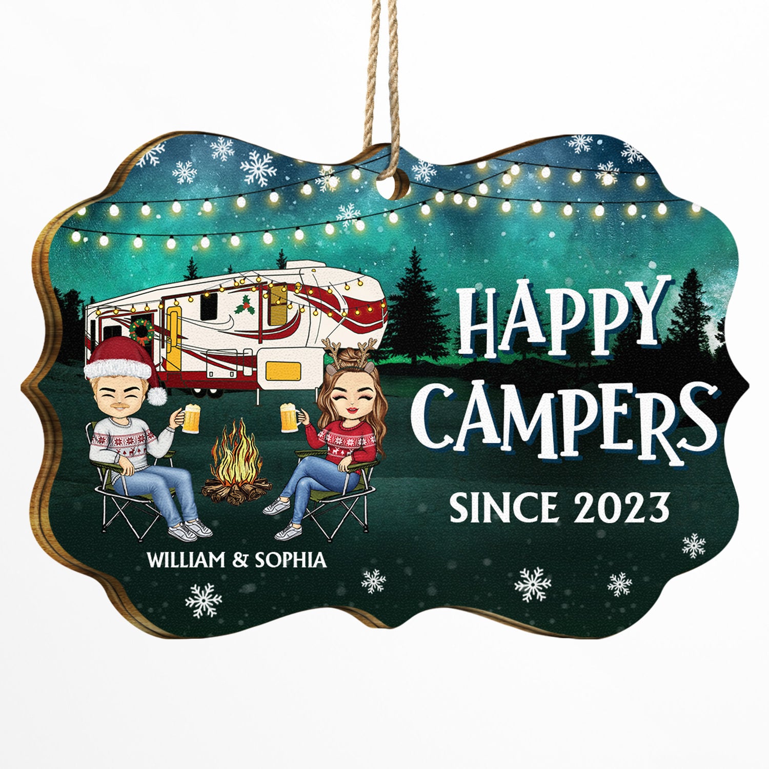Happy Campers Since - Christmas Gift For Couples, Camping Lovers - Personalized Medallion Wooden Ornament