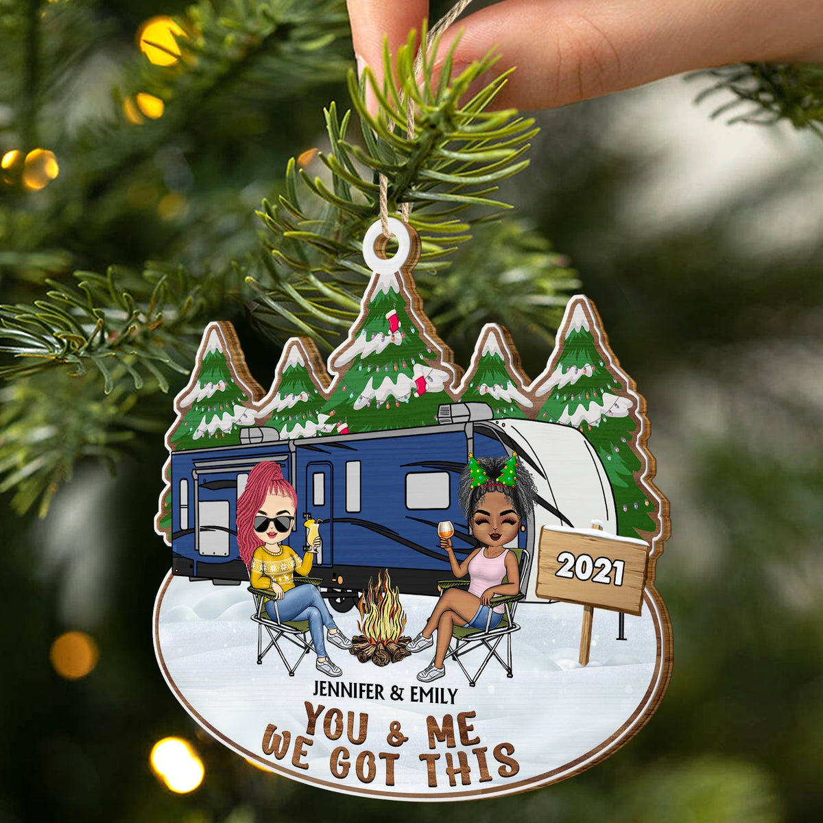 Happy Campers - Christmas Gifts For Couples, Camping Lovers - Personalized Wooden Cutout Ornament