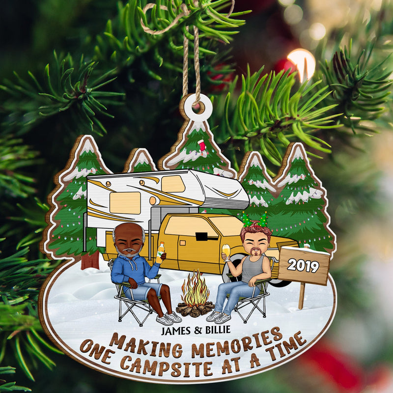Happy Campers - Christmas Gifts For Couples, Camping Lovers - Personalized Wooden Cutout Ornament
