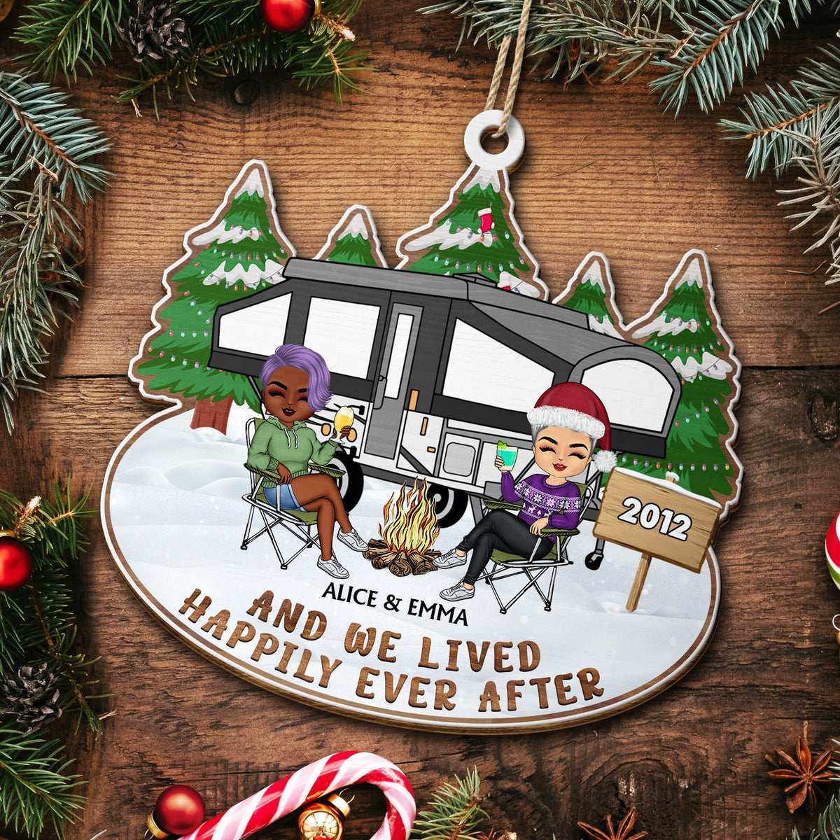 Happy Campers - Christmas Gifts For Couples, Camping Lovers - Personalized Wooden Cutout Ornament