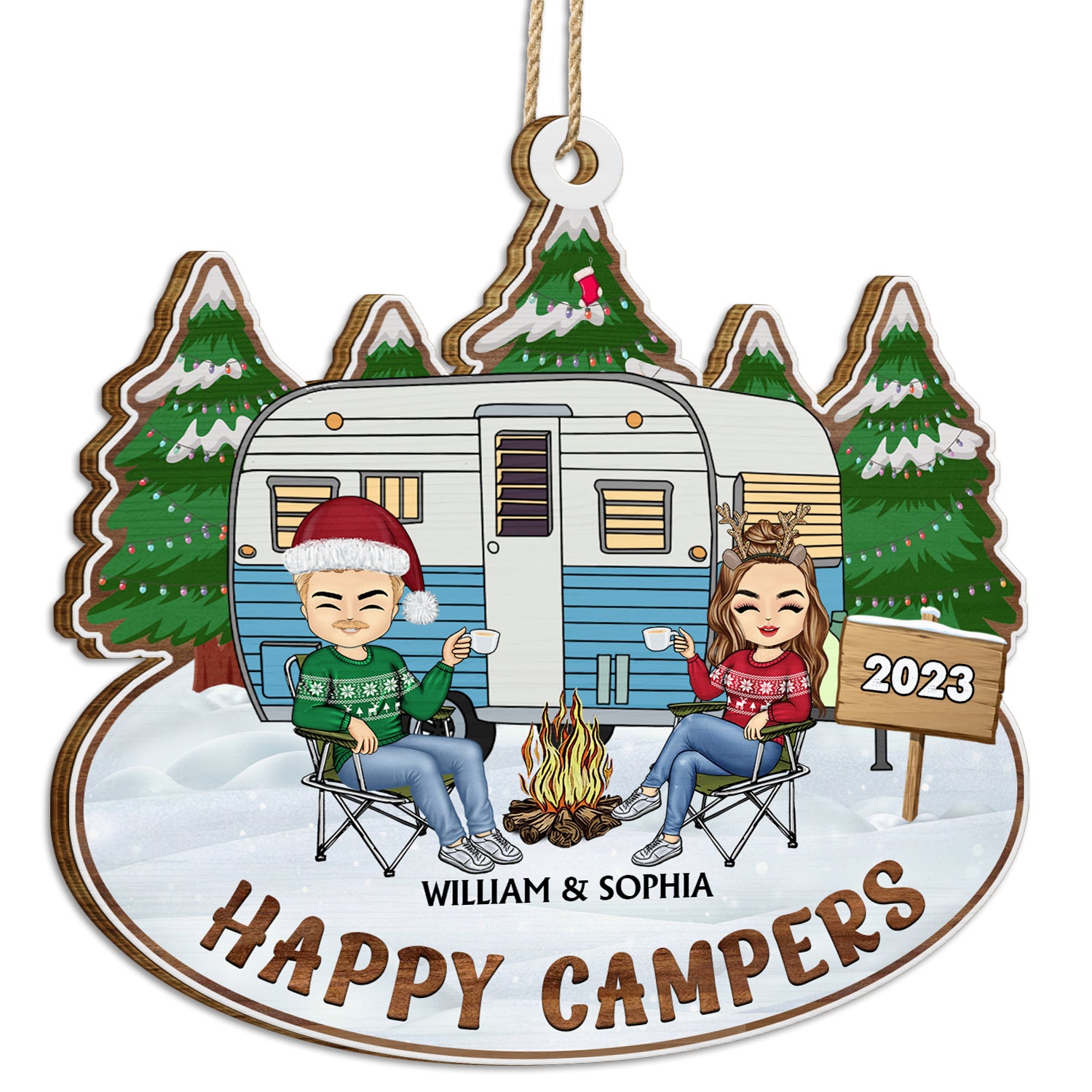 Happy Campers - Christmas Gifts For Couples, Camping Lovers - Personalized Wooden Cutout Ornament