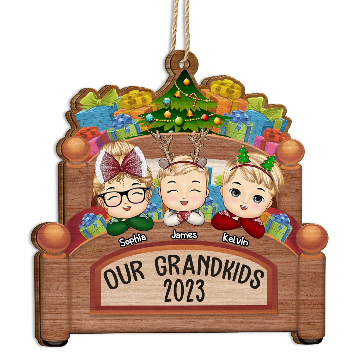 Grandkids In Bed - Christmas, Loving Gift For Grandpa, Grandma, Grandparents - Personalized Custom Shaped Wooden Ornament