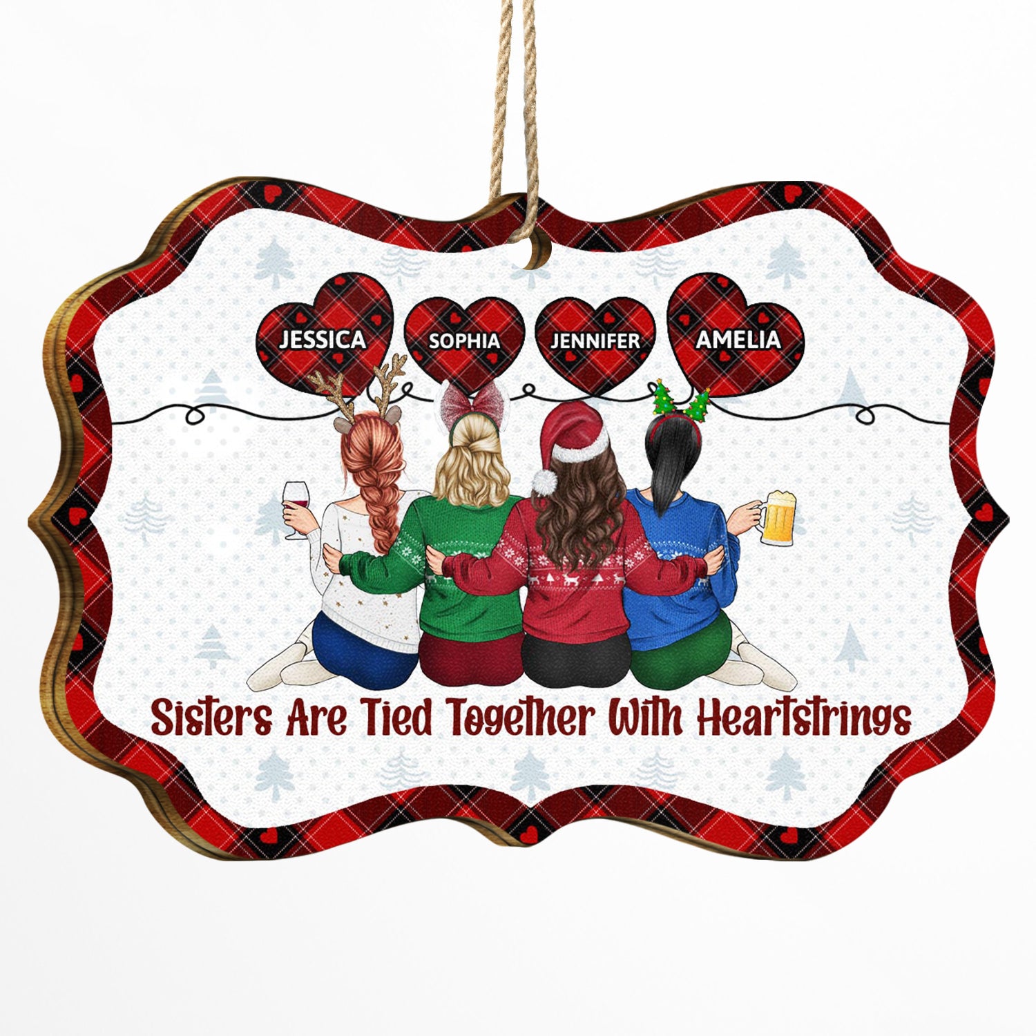 Sisters Are Tied Together With Heartstrings - Christmas Gifts For Sisters, Besties - Personalized Medallion Wooden Ornament