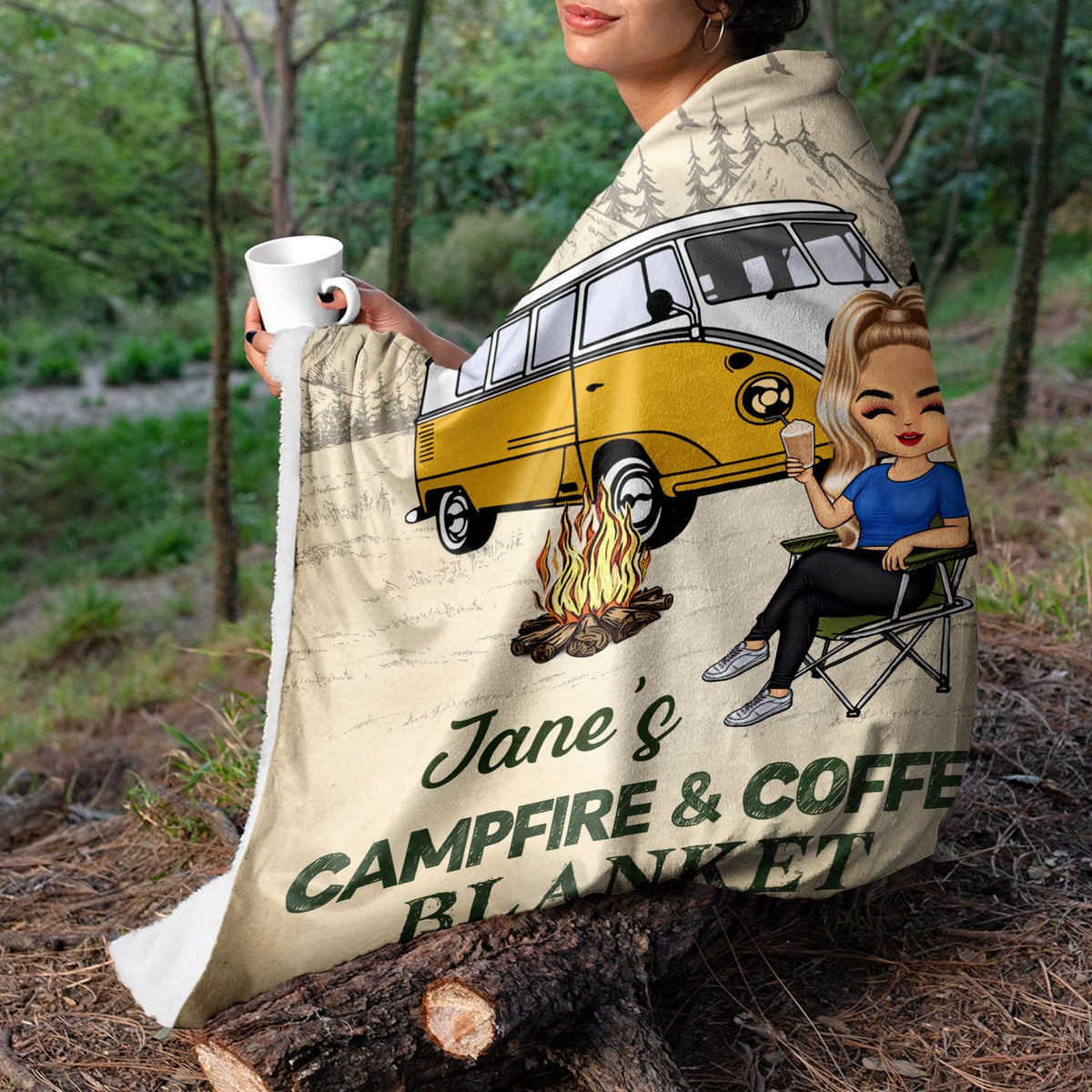 Couverture feu de camp et café - Cadeau pour les amateurs de camping et les campeurs - Couverture polaire personnalisée