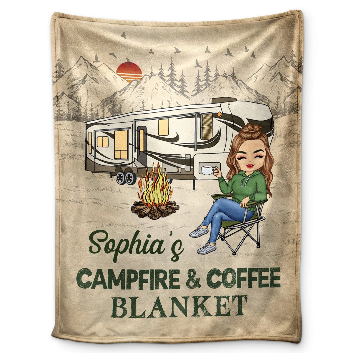 Couverture feu de camp et café - Cadeau pour les amateurs de camping et les campeurs - Couverture polaire personnalisée