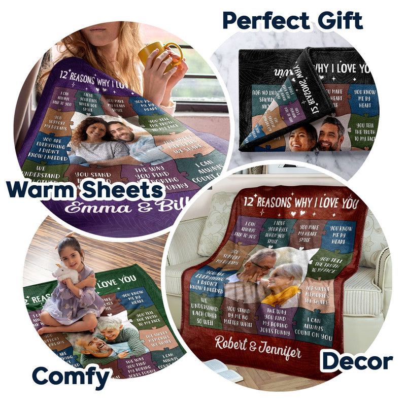 Custom Photo 12 Reasons Why I Love You - Birthday, Anniversary Gift For Spouse, Husband, Wife, Couple - Personalized Fleece Blanket