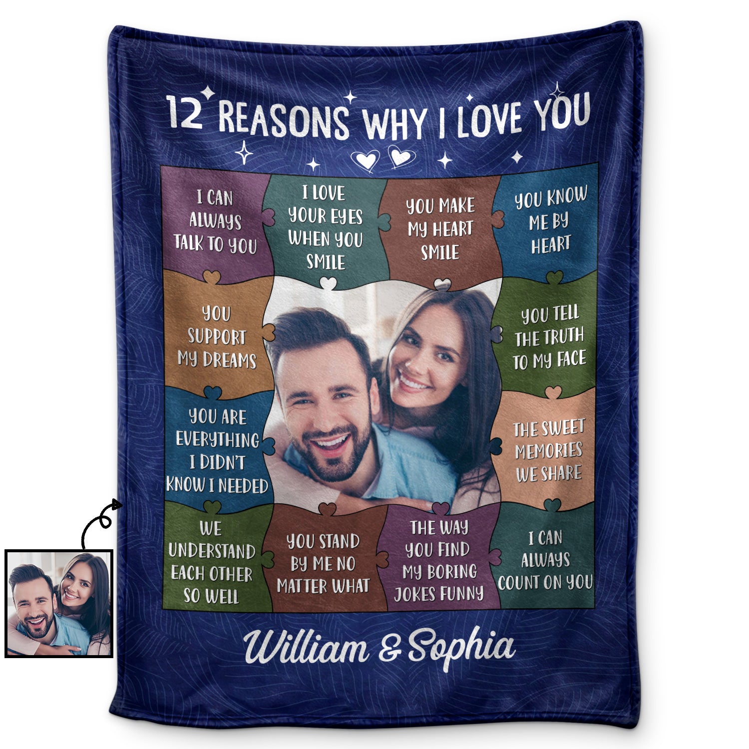 Custom Photo 12 Reasons Why I Love You - Birthday, Anniversary Gift For Spouse, Husband, Wife, Couple - Personalized Fleece Blanket