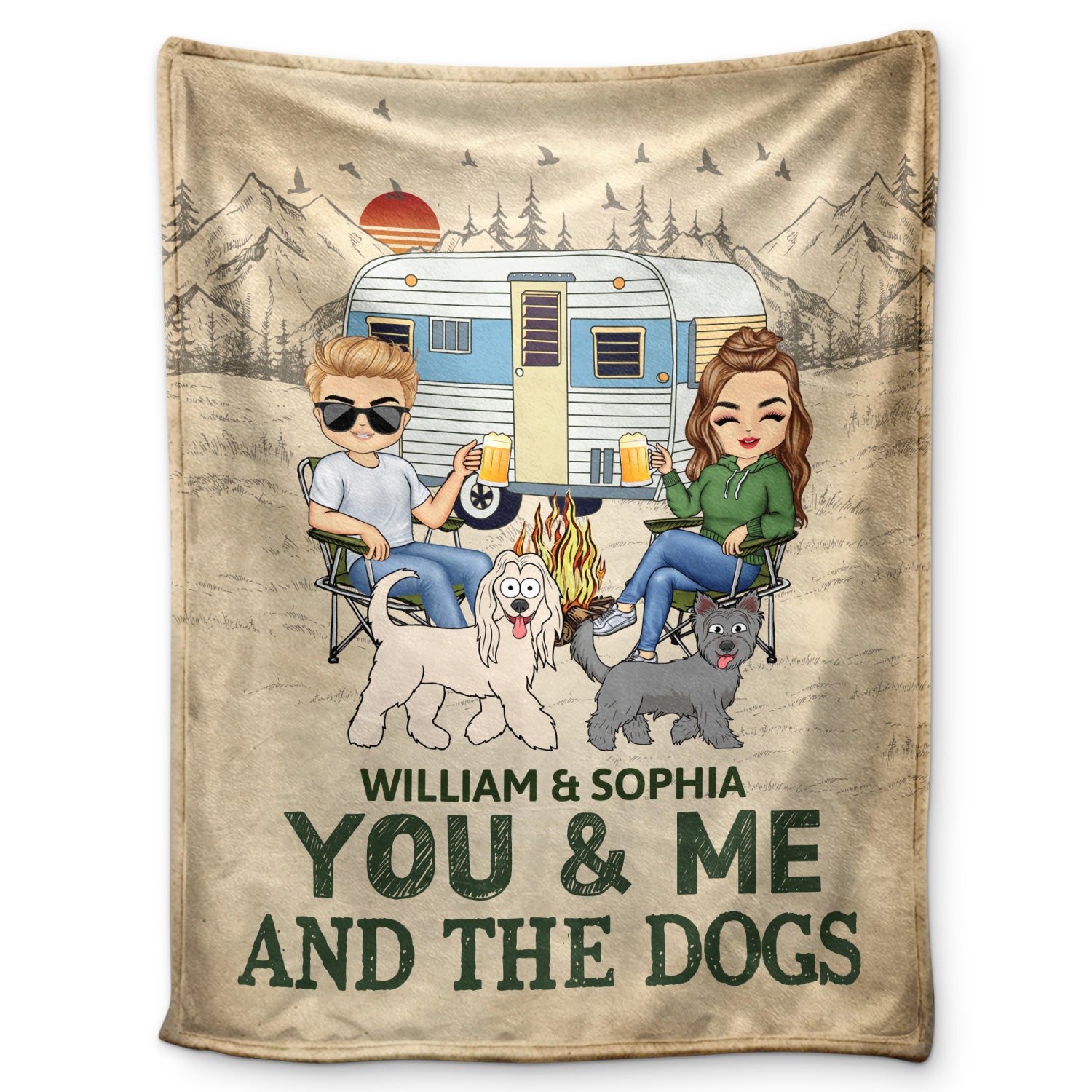 You & Me And The Dogs - Gift For Camping Lovers, Couples, Cat Lovers, Dog Lovers - Personalized Fleece Blanket