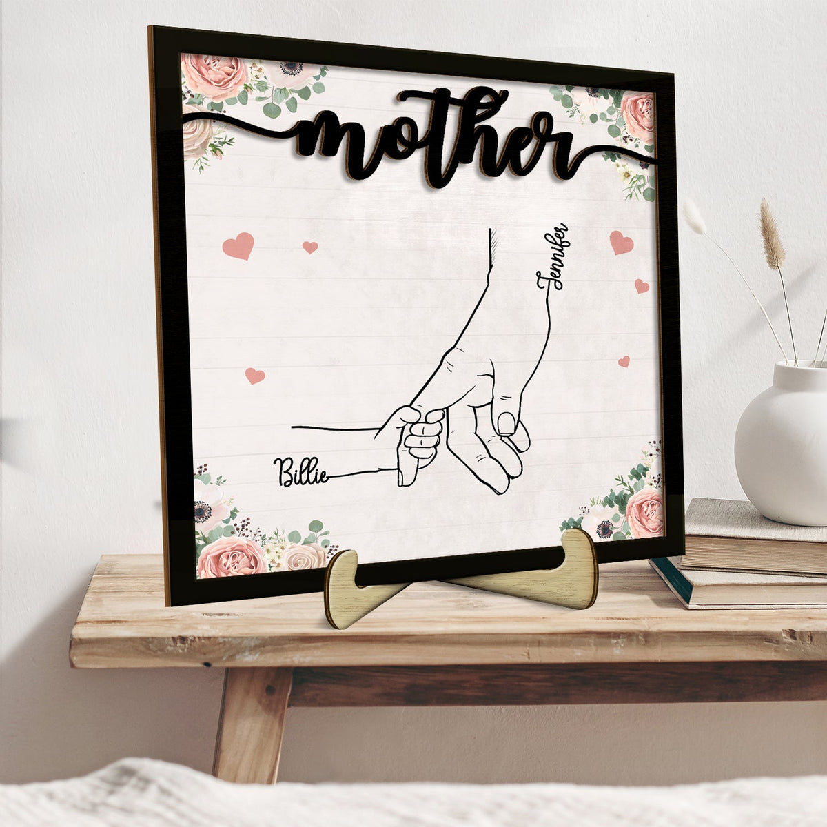 Hand In Hand - Gift For Mom, Mother, Grandma, Parents - Personalized 2-Layered Wooden Plaque With Stand