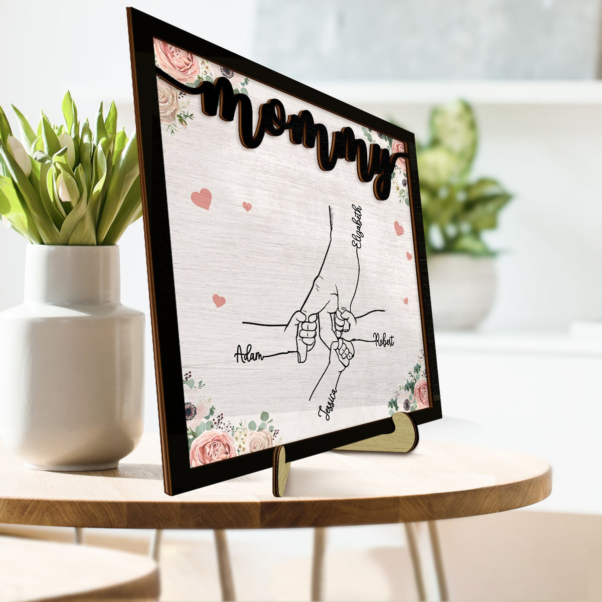 Hand In Hand - Gift For Mom, Mother, Grandma, Parents - Personalized 2-Layered Wooden Plaque With Stand