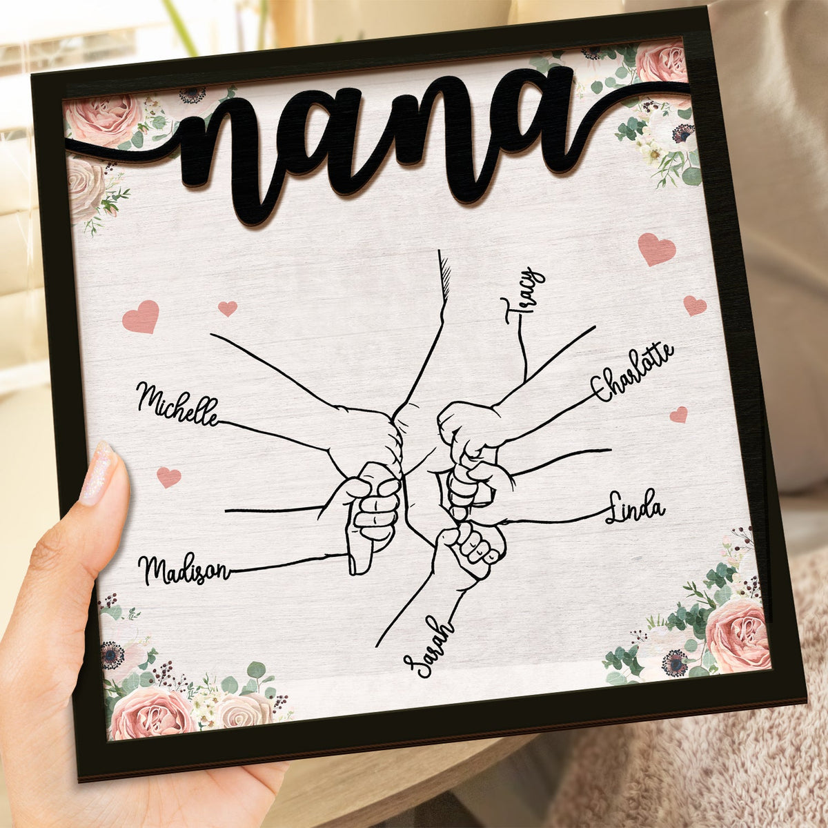 Hand In Hand - Gift For Mom, Mother, Grandma, Parents - Personalized 2-Layered Wooden Plaque With Stand