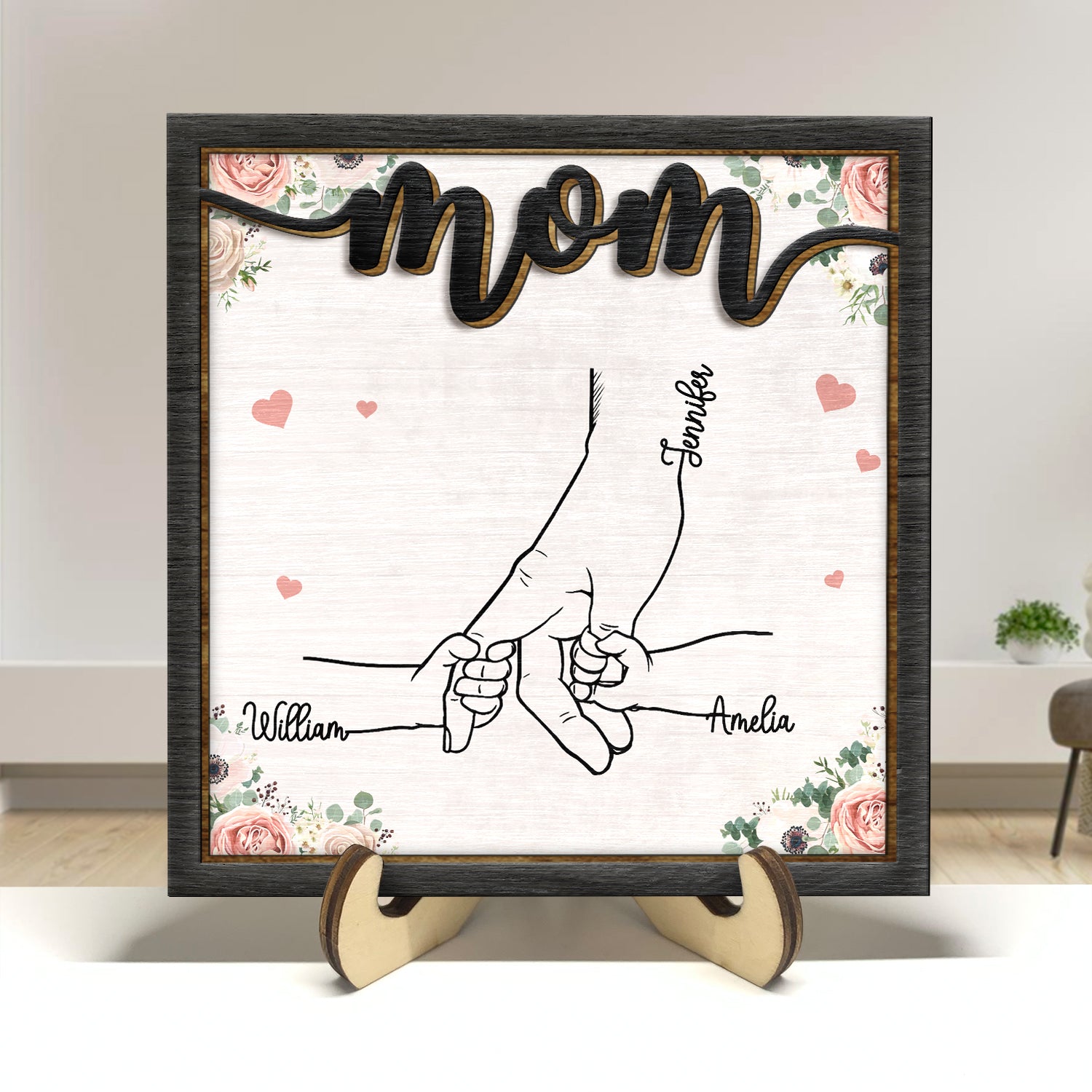 Hand In Hand - Gift For Mom, Mother, Grandma, Parents - Personalized 2-Layered Wooden Plaque With Stand