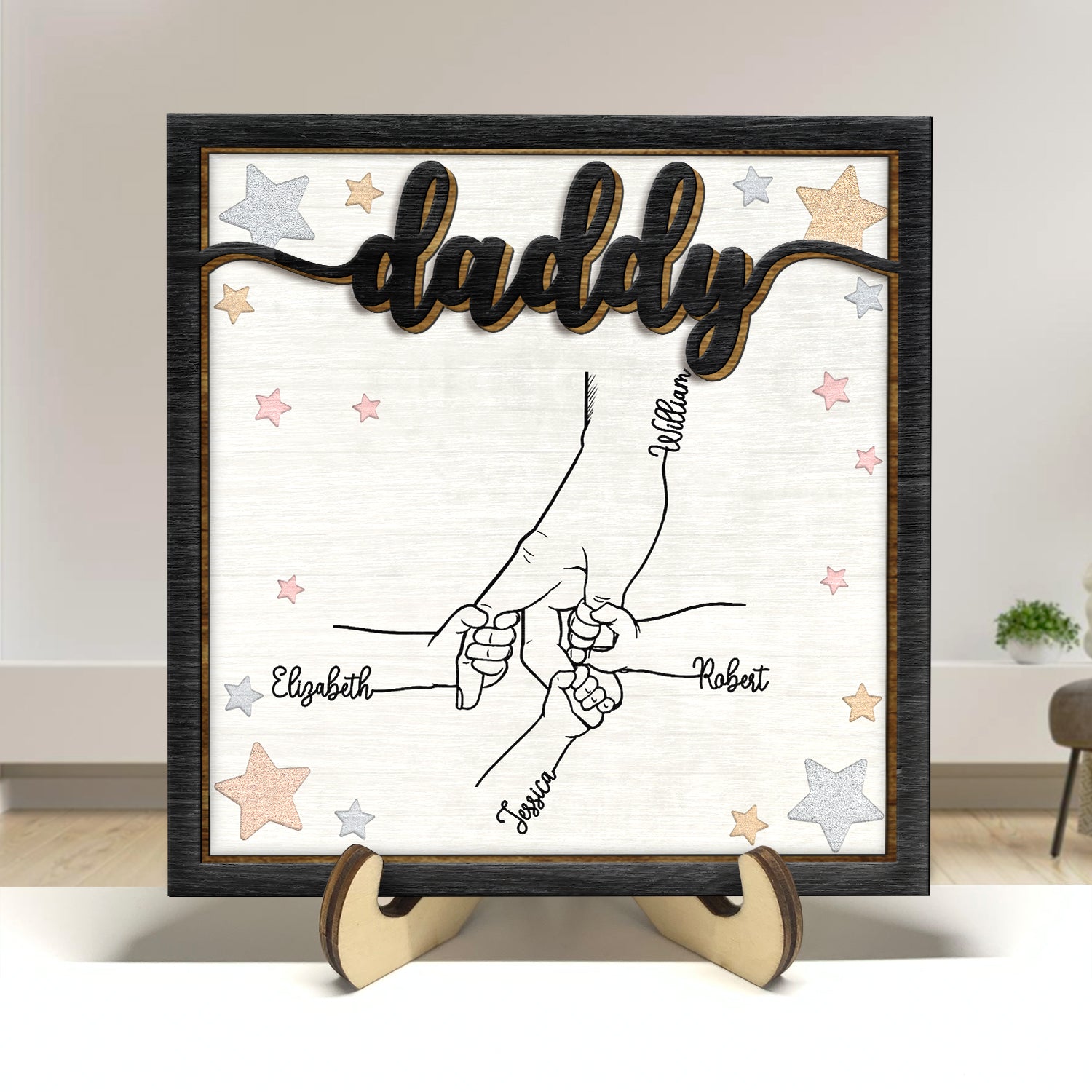 Hand In Hand - Gift For Dad, Father, Grandpa, Parents - Personalized 2-Layered Wooden Plaque With Stand