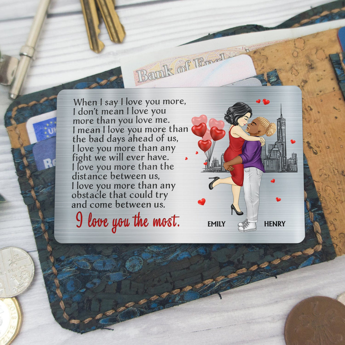 Carte portefeuille en aluminium personnalisée « Je t'aime plus que tout » - Cadeau pour couple, mari, femme