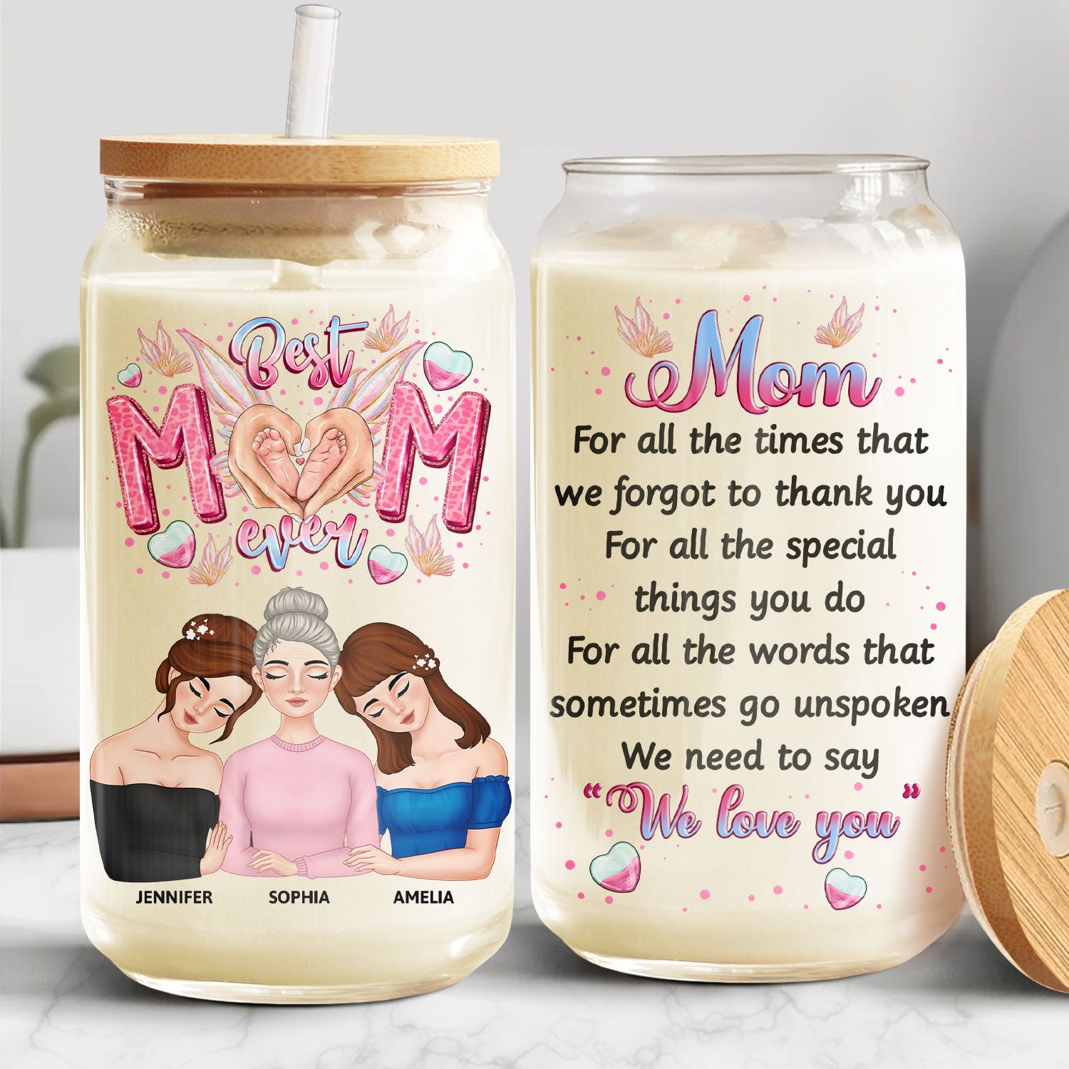 Butterfly Art Best Mom Ever - Gift For Mothers - Personalized Clear Glass Can
