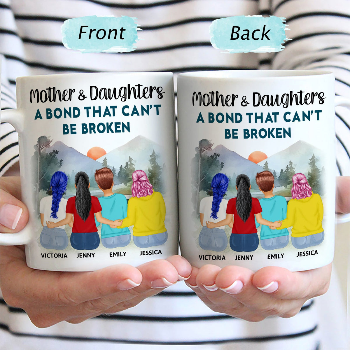 Mère et filles liées à jamais - Cadeau pour maman, mère, grand-mère - Tasse personnalisée
