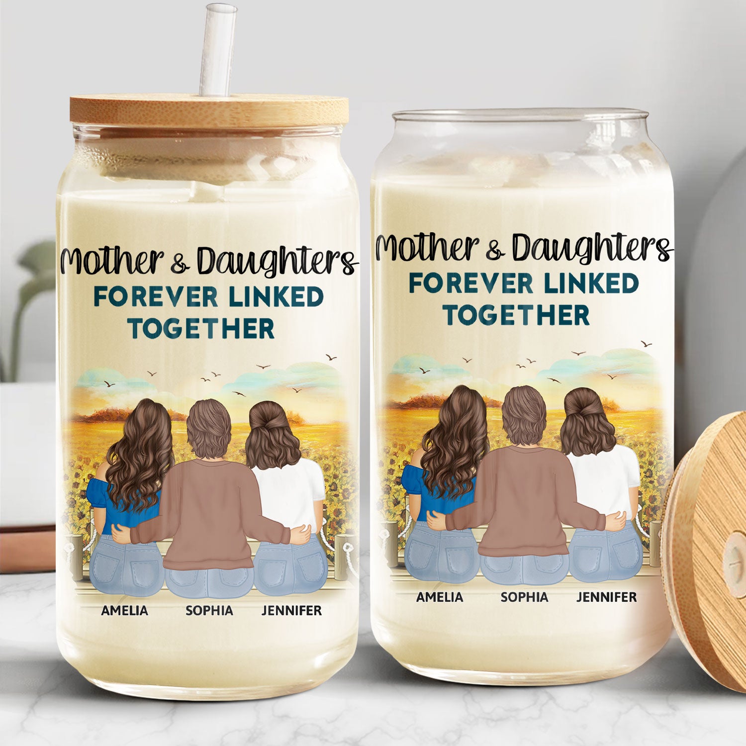 Mother And Daughters Forever Linked Together - Gift For Mom, Mother, Grandma - Personalized Clear Glass Can