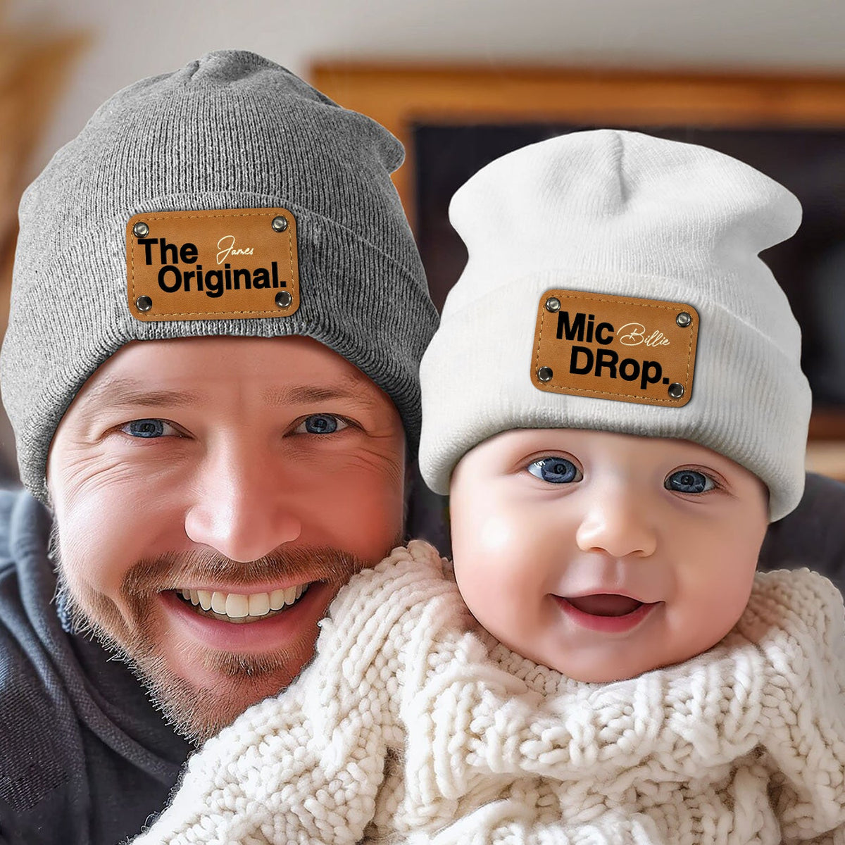The Original Remix - Gift For Baby, Newborn, New Dad, Mom - Personalized Beanie With Leather Patch
