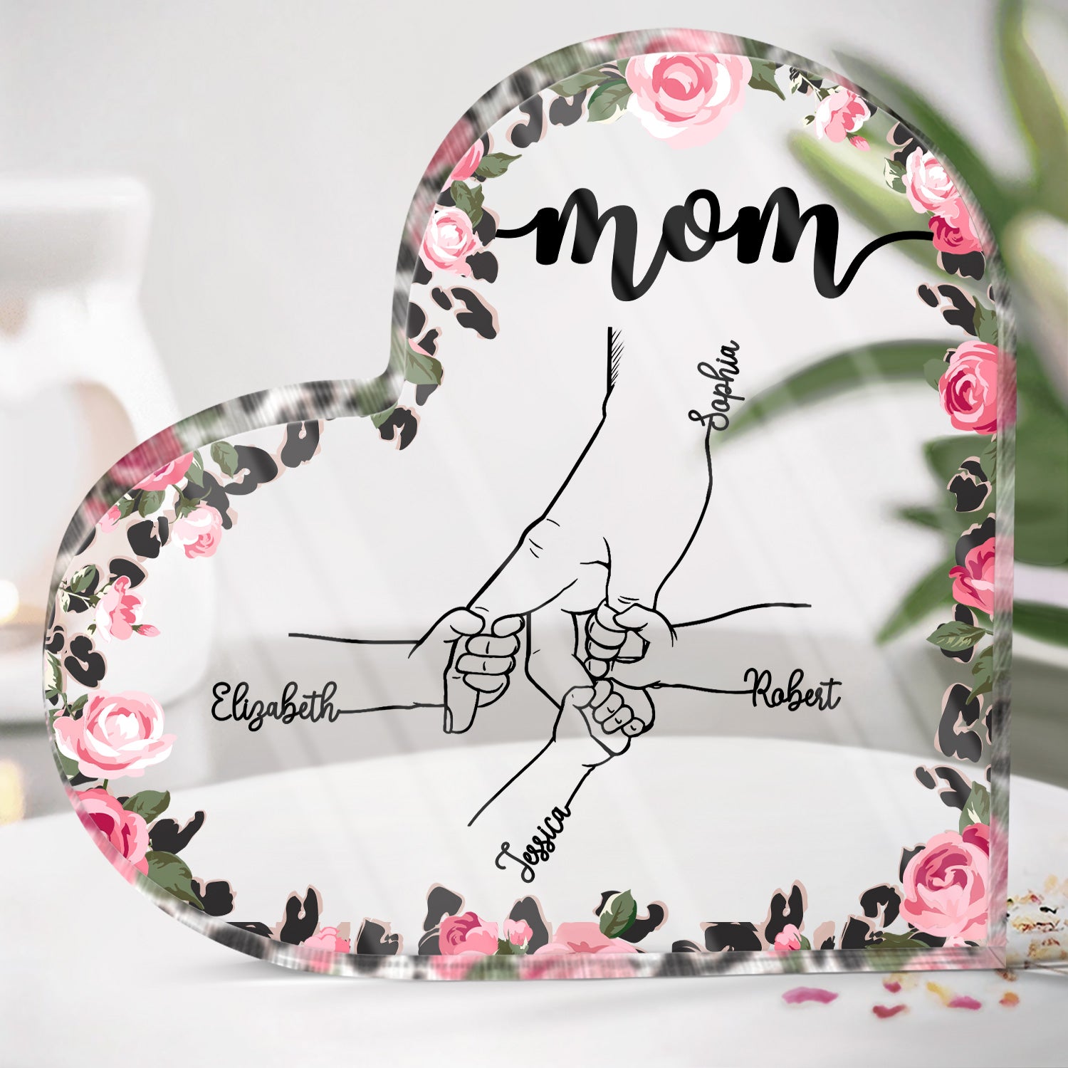 Hand In Hand Leopard Flower - Gift For Mom, Mum, Nana, Grandma - Personalized Heart Shaped Acrylic Plaque