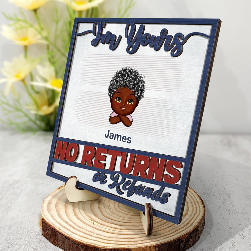 No Returns Or Refunds Chibi Grandkids - Funny Gift For Dad, Mom, Grandma, Grandpa - Personalized 2-Layered Wooden Plaque With Stand