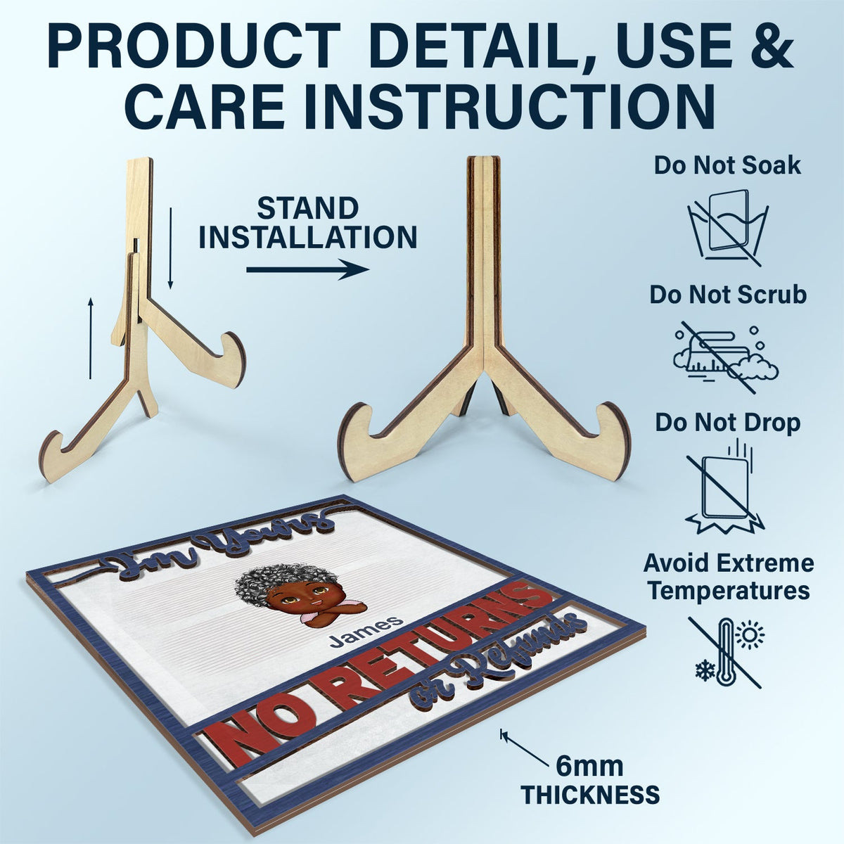 No Returns Or Refunds Chibi Grandkids - Funny Gift For Dad, Mom, Grandma, Grandpa - Personalized 2-Layered Wooden Plaque With Stand