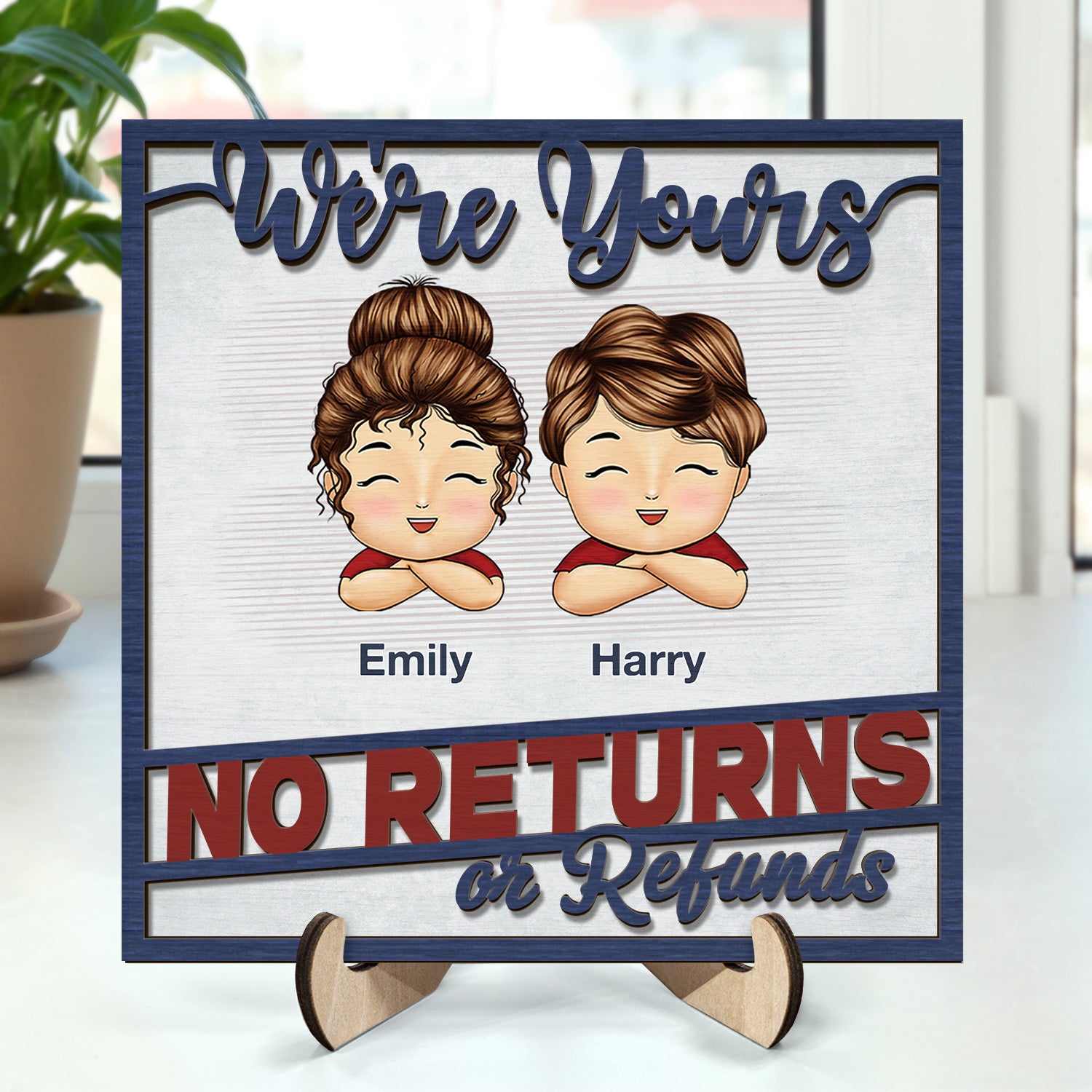 No Returns Or Refunds Chibi Grandkids - Funny Gift For Dad, Mom, Grandma, Grandpa - Personalized 2-Layered Wooden Plaque With Stand