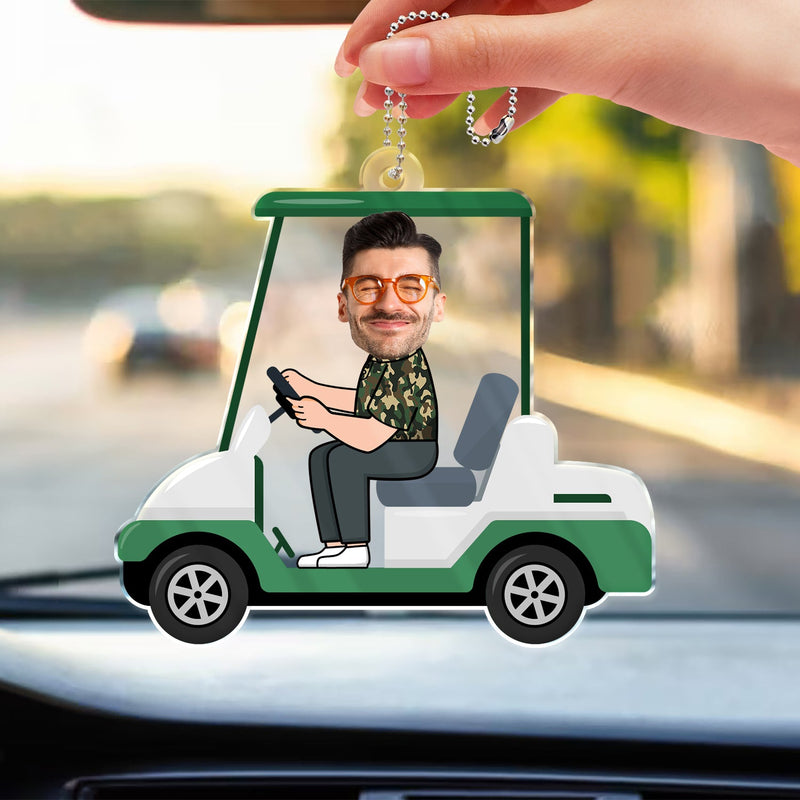Custom Photo Golf Cart - Gift For Dad, Father, Grandpa, Golfer, Golf Lover - Personalized Acrylic Car Hanger