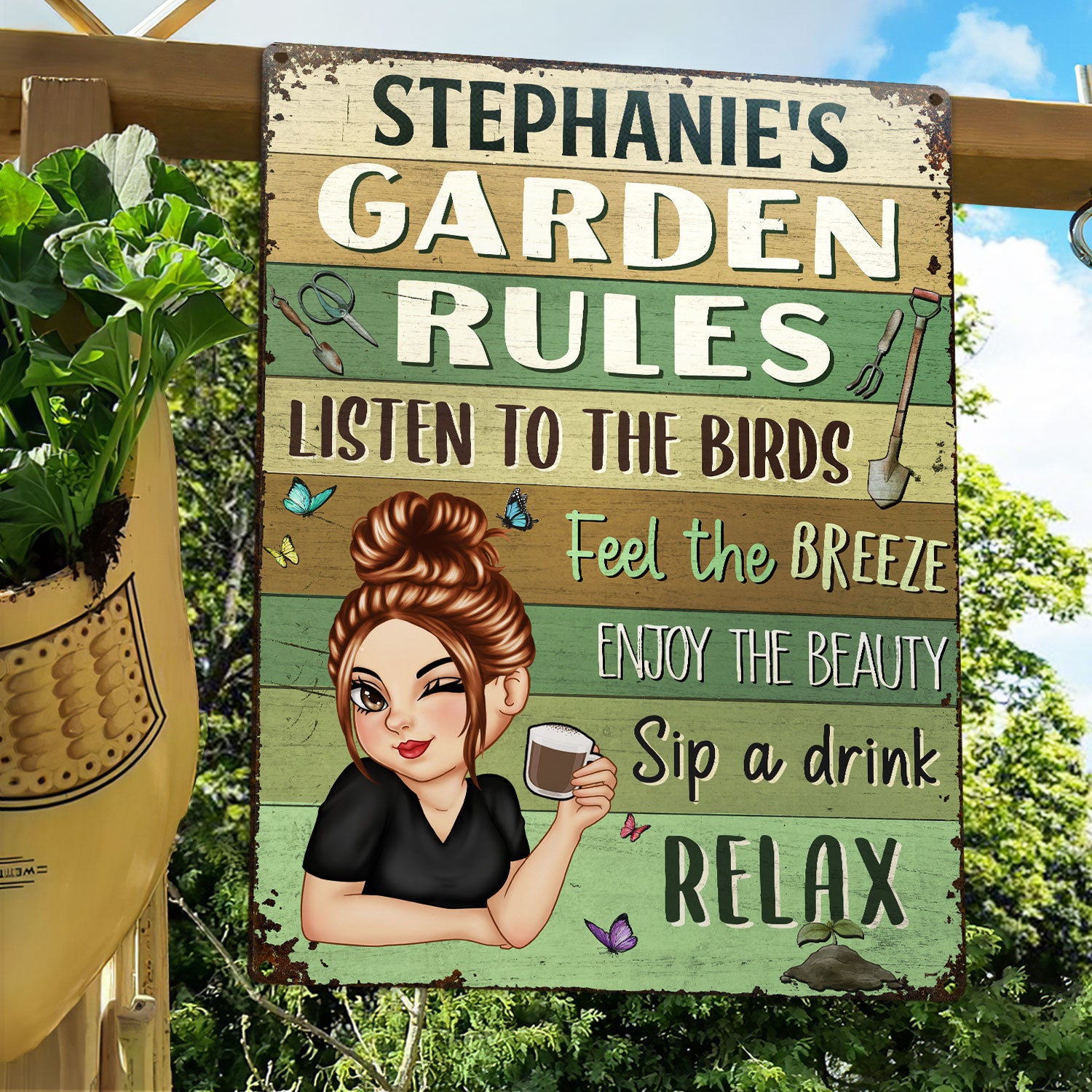 Garden Rules Feel The Breeze - Backyard Sign, Gift For Gardening Lovers, Gardeners - Personalized Classic Metal Signs