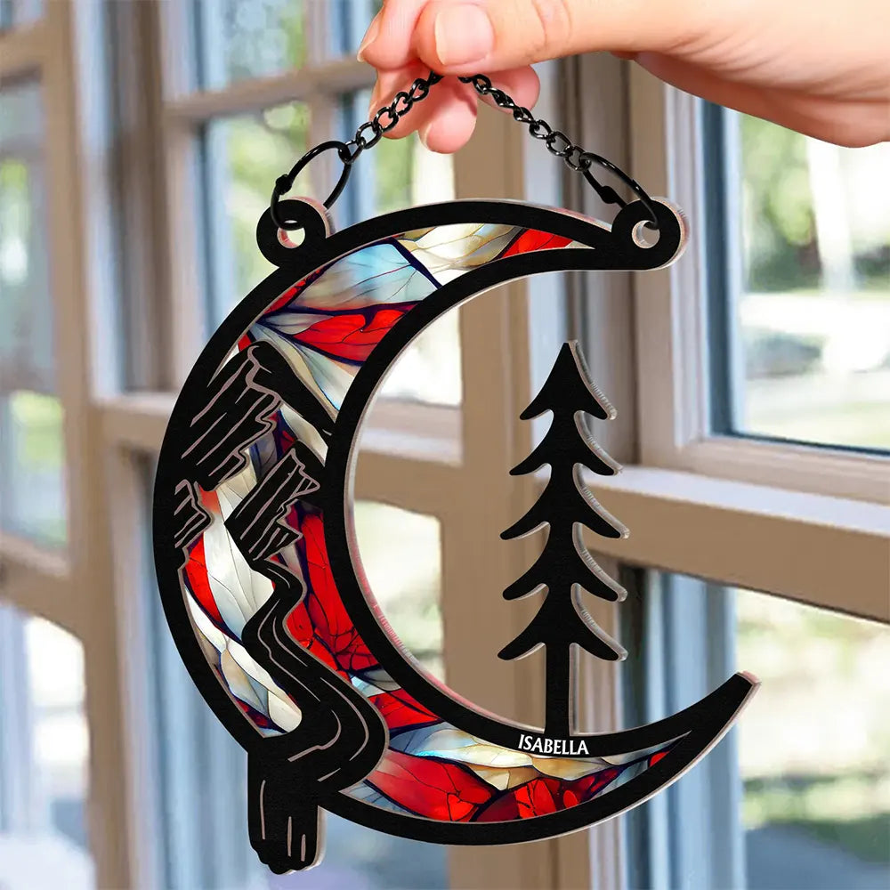 Moon Shape We Love You To The Wood And Back - Personalized Window Hanging Suncatcher Ornament