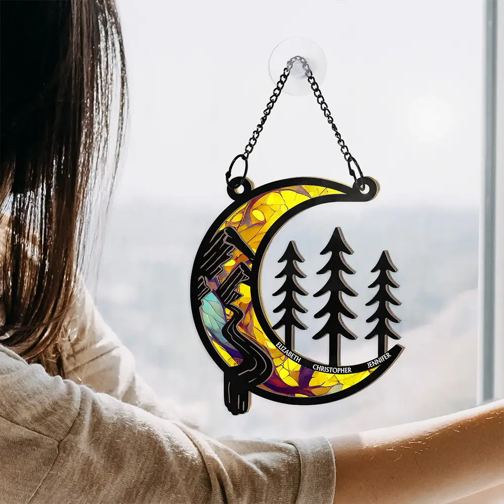 Moon Shape We Love You To The Wood And Back - Personalized Window Hanging Suncatcher Ornament