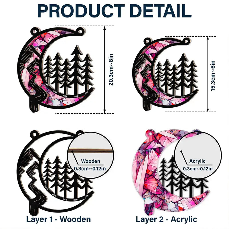 Moon Shape We Love You To The Wood And Back - Personalized Window Hanging Suncatcher Ornament