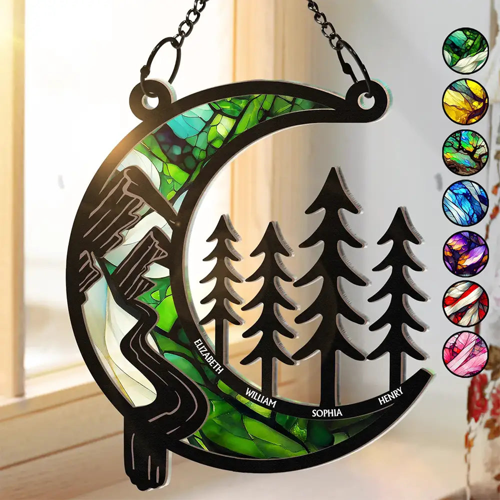 Moon Shape We Love You To The Wood And Back - Personalized Window Hanging Suncatcher Ornament
