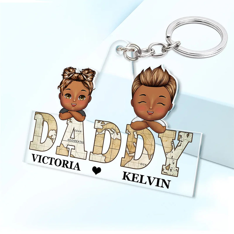 Vintage Map Titles Chibi Kids - Personalized Cutout Acrylic Keychain