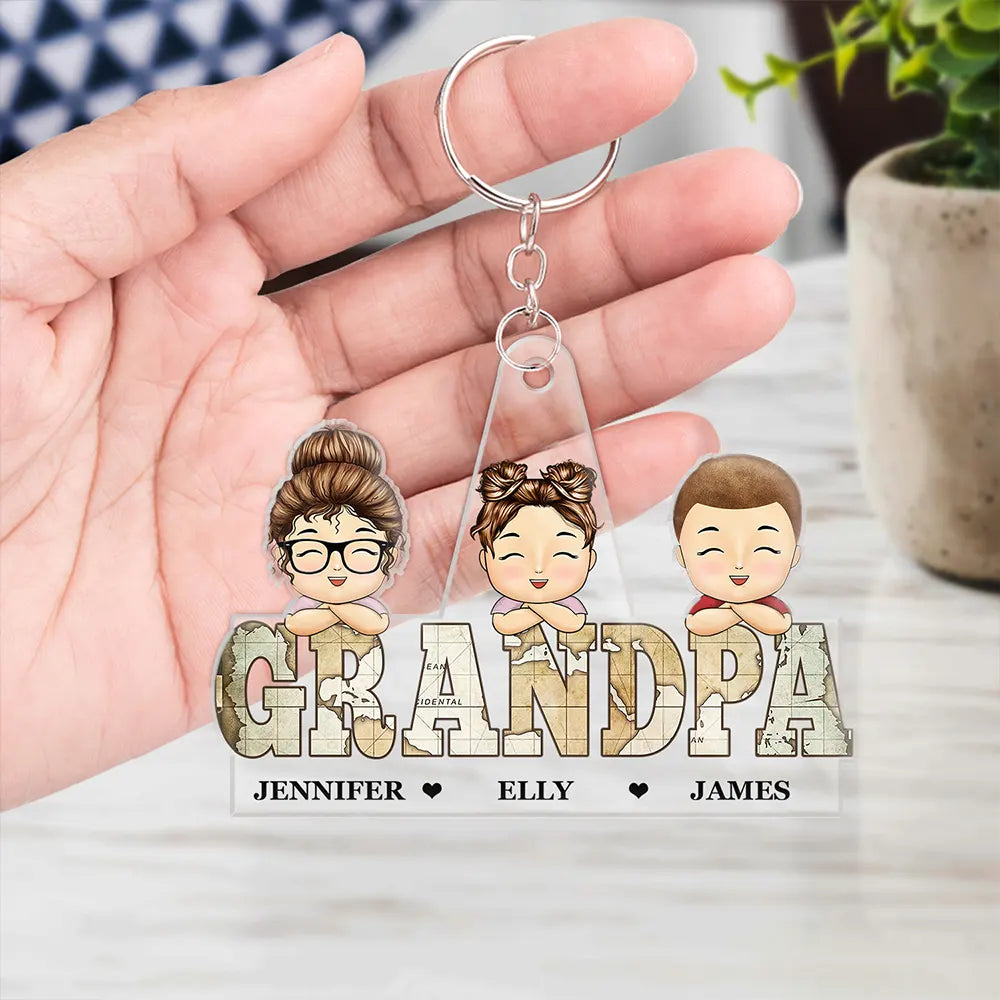 Vintage Map Titles Chibi Kids - Personalized Cutout Acrylic Keychain