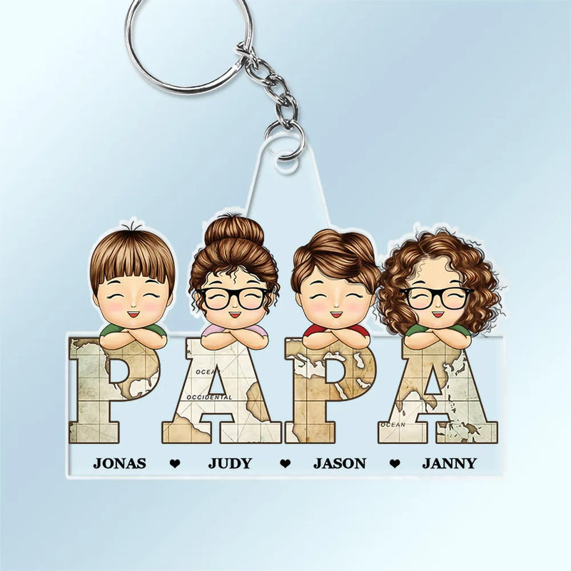 Vintage Map Titles Chibi Kids - Personalized Cutout Acrylic Keychain