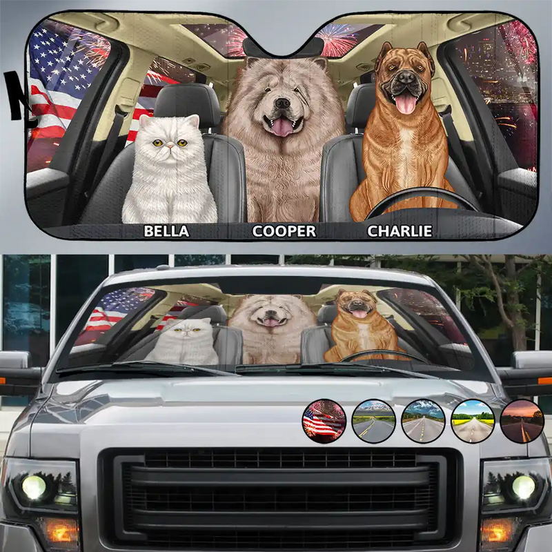Stars And Stripes Dog Cat On The Drive - Personalized Auto Sunshade