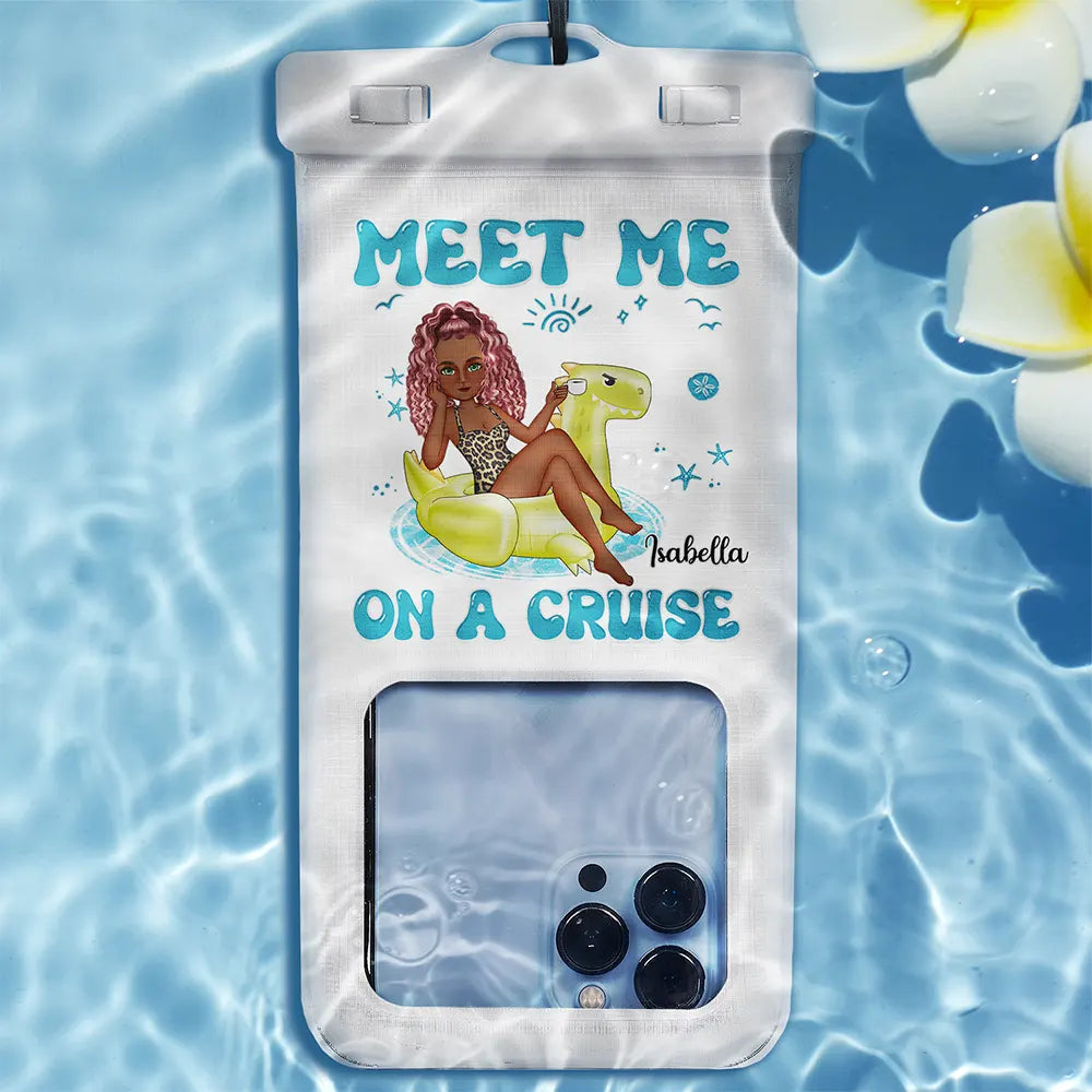 Meet Me At The Beach Cartoon Girl On Float - Personalized Waterproof Phone Pouch