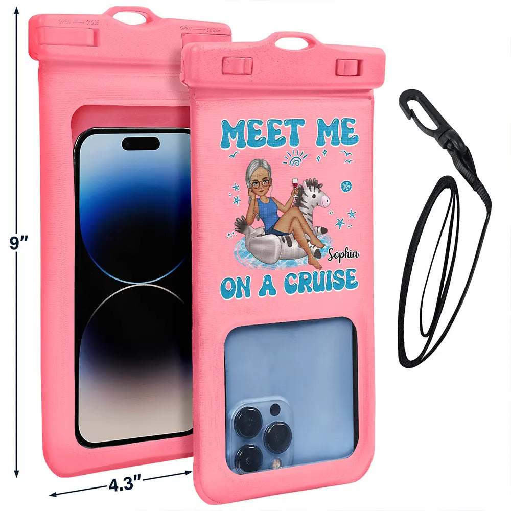 Meet Me At The Beach Cartoon Girl On Float - Personalized Waterproof Phone Pouch
