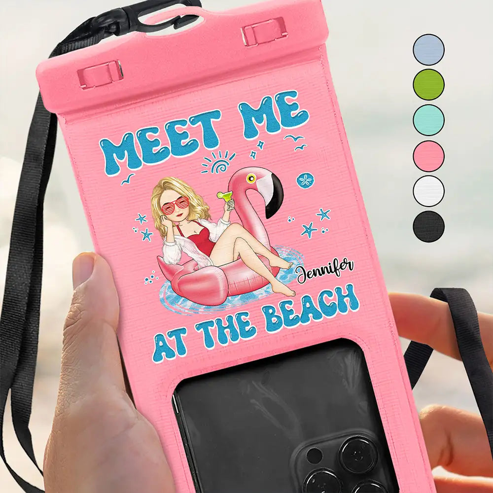 Rendez-vous à la plage : une fille de dessin animé sur un flotteur – Pochette étanche personnalisée pour téléphone