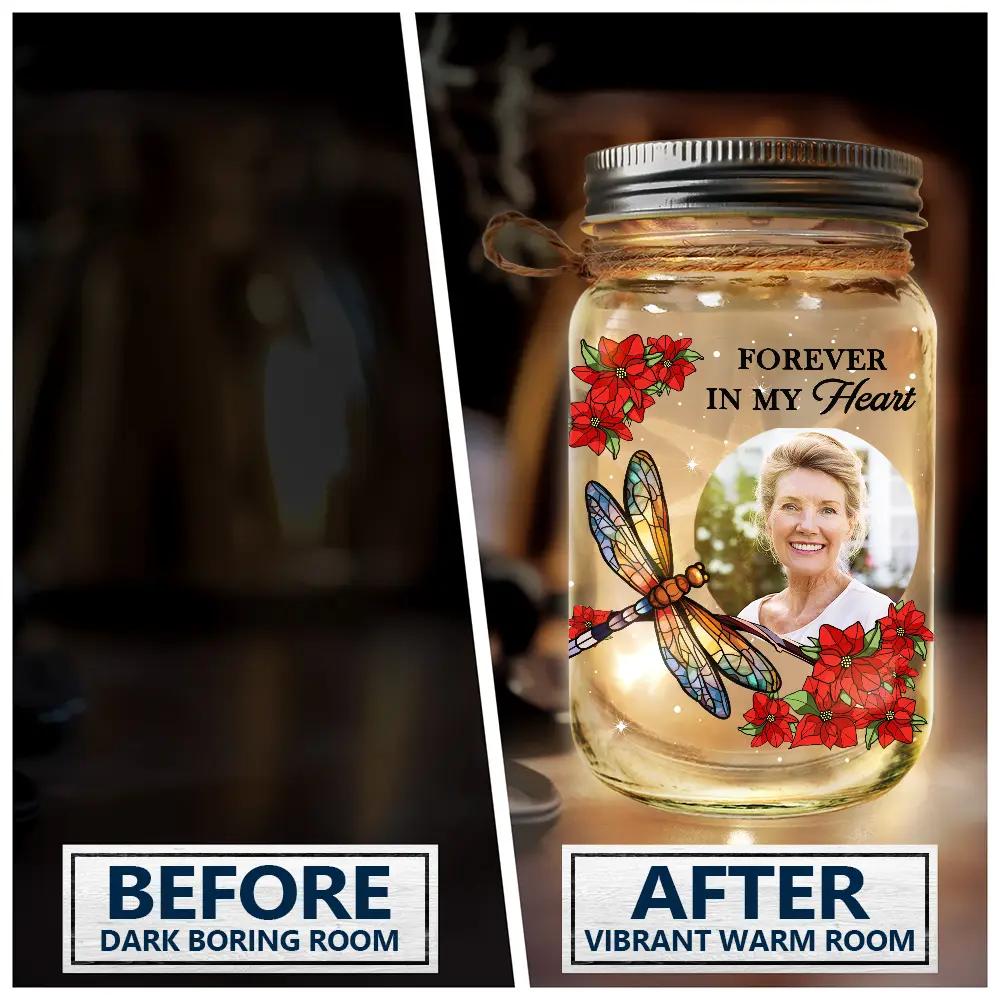 Custom Photo Your Light Will Always Shine In My Heart Memorial - Personalized Mason Jar Light