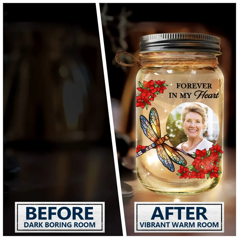 Custom Photo Your Light Will Always Shine In My Heart Memorial - Personalized Mason Jar Light